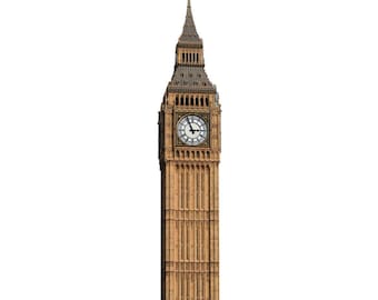 May include: A detailed image of the Elizabeth Tower, commonly known as Big Ben, in London. The brown tower features a large clock face with Roman numerals and black hands, set against a white backdrop.