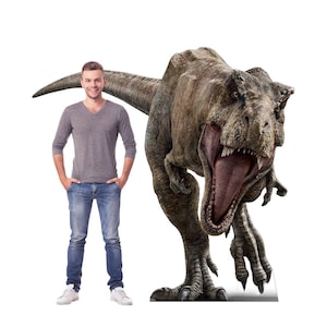 Jurassic World T-Rex découpé en carton, taille réelle, décoration de fête dinosaure, accessoire de photomaton T-Rex, voyageur debout, faire-part d'anniversaire dinosaure