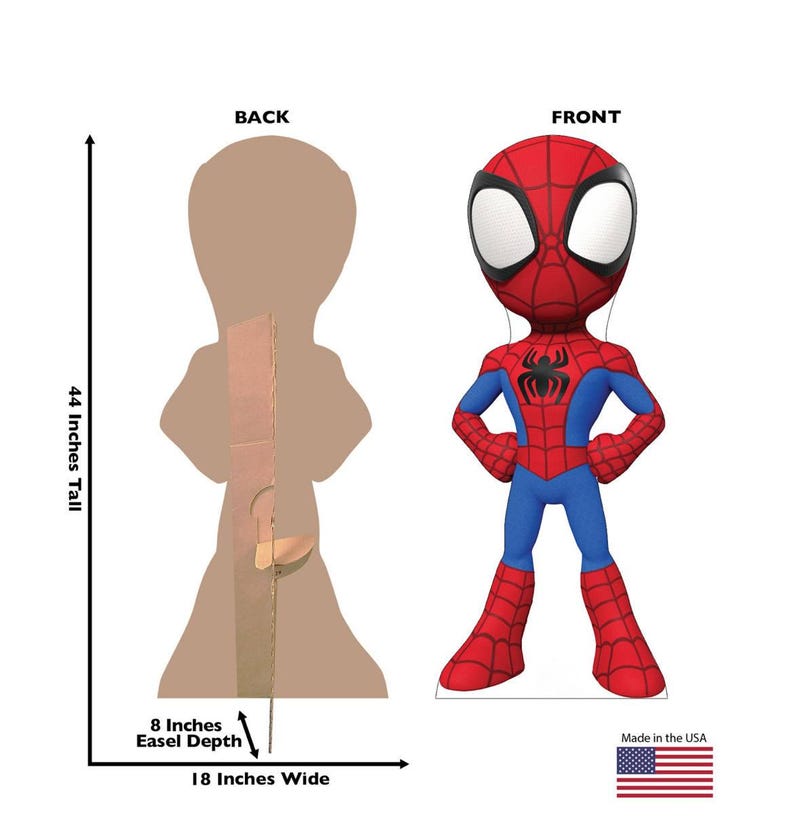 Puede incluir: Un recorte de cart&oacute;n de Spider-Man, con un traje rojo y azul y un emblema de ara&ntilde;a negro. El recorte mide 112 cm de alto, 46 cm de ancho y 20 cm de profundidad. La parte trasera del recorte es visible a la izquierda. Hecho en EE. UU.