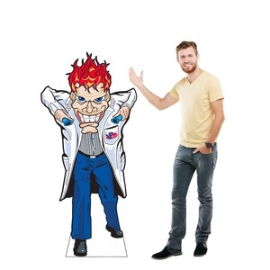 May include: A large, cartoon cutout of a mad scientist with red hair, blue eyes, and a wide grin, wearing a white lab coat, blue pants, and black shoes. The cutout is standing next to a person wearing a yellow shirt and jeans.