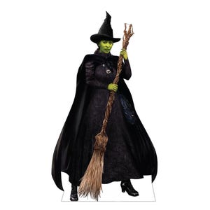 May include: A life-size cardboard cutout of a green-skinned witch wearing a black pointed hat, a long black textured dress, and a matching black cape. The figure holds a tall, gnarled wooden broomstick with light brown bristles in both hands.