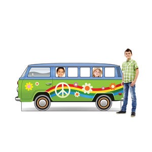 Découpe en carton taille réelle Hippie Bus, camionnette voyageant rétro, accessoire de fête hippie des années 60, découpe en carton bus hippie des années 60, décoration Peace and Love