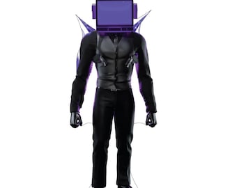May include: A full-body cutout figure featuring a character with a purple television screen for a head. The figure wears a black long-sleeved shirt, a dark gray vest, black trousers, and black gloves, with purple wing-like structures extending from the back.