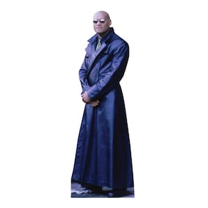 May include: A life-sized cardboard cutout of a bald person wearing dark oval sunglasses, a long dark blue trench coat, and a green necktie. The figure stands with hands clasped in front, featuring a smooth, clean-shaven head and a neutral expression.