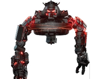 May include: A black robotic figure with a central circular torso, a helmeted head, and two large mechanical arms. The figure features glowing red accents throughout its structure, including the eyes, joints, and a circular ring around the midsection.