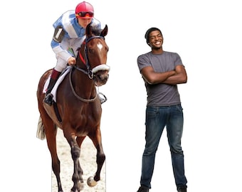 Figura de caballo y jinete a tamaño real, decoración para fiestas de derby, recorte de cartón para fiestas de derby, eventos de carreras de caballos, sesiones de fotos, recorte a tamaño real.