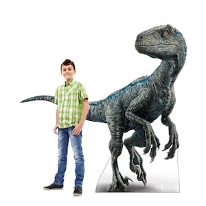 Velociraptor bleu en carton grandeur nature, fête d'anniversaire jurassique, décoration de fête dinosaure, animal découpé pour événements, dinosaure voyageur debout en carton