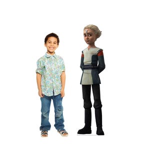 May include: A young child wearing a floral button-down shirt and blue jeans stands next to a life-size cardboard cutout of a character from a science fiction show. The character is wearing a black and gray uniform.