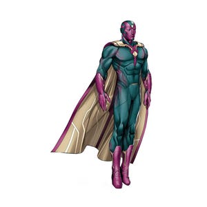 Découpe en carton Vision, voyageur voyageant Marvel grandeur nature, décoration de fête Avengers, présentoir mural super-héros, idée cadeau Vision Marvel, découpe en carton Marvel