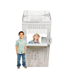 May include: A cardboard puppet show booth with the words "PUPPET SHOW" at the top. The booth has a castle design and an "ADMIT ONE" ticket. Two children are standing in front of the booth.