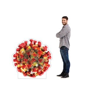 May include: A large, colorful cutout of a coronavirus cell, featuring red, yellow, and brown hues. A person stands next to the cutout, providing a sense of scale. The person is wearing a plaid shirt and jeans.