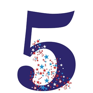 May include: A navy blue number 5 graphic with a swirl design, decorated with red, white, and blue stars. The stars are scattered around the number, creating a festive and patriotic design. The background is white.