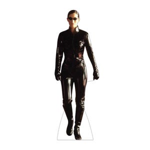 May include: A life-sized cardboard cutout of a figure wearing a shiny black long-sleeved jumpsuit with a high collar and matching black gloves. The figure has dark hair pulled back and is wearing small, oval-shaped black sunglasses while standing.