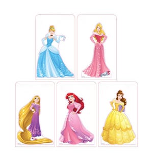 May include: Five princess cutouts featuring Cinderella in a blue gown, Aurora in a pink dress, Rapunzel in a purple dress, Ariel in a pink dress, and Belle in a yellow gown. Each princess is depicted in a classic pose.