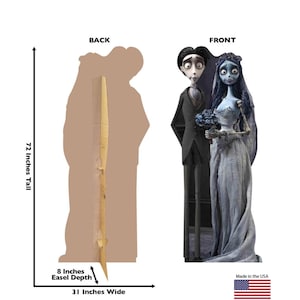 May include: A cardboard cutout featuring characters from the animated film, with a height of 72 inches and a width of 31 inches. The cutout depicts a bride and groom in a grayscale color palette. The easel depth is 8 inches. Made in the USA.