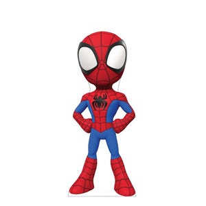 Puede incluir: Figura estilizada de Spider-Man, principalmente roja y azul. El personaje tiene un emblema de ara&ntilde;a negra en el pecho y ojos blancos grandes. Est&aacute; posando con las manos en las caderas, una postura cl&aacute;sica de superh&eacute;roe.