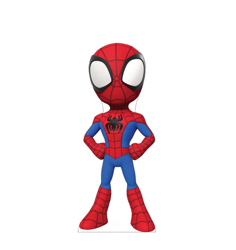 Puede incluir: Figura estilizada de Spider-Man, principalmente roja y azul. El personaje tiene un emblema de ara&ntilde;a negra en el pecho y ojos blancos grandes. Est&aacute; posando con las manos en las caderas, una postura cl&aacute;sica de superh&eacute;roe.