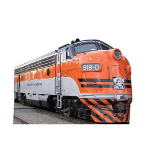 May include: An orange, black, and silver diesel locomotive with the number 918-D on the front. The words "Western Pacific" are visible on the side of the train. The train is on a track.