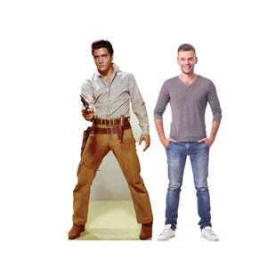 Découpage en carton cowboy d'Elvis Presley qui parle, voyageur debout Elvis Gunfighter parlant, voyageur debout grandeur nature avec fonction vocale, accessoire de fête de musique