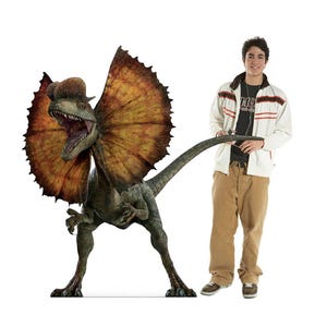 Jurassic World Dominion Dilophosaurus découpe en carton taille réelle, décoration de fête dinosaure, animal découpé pour événements, dinosaure voyageur voyageant en carton