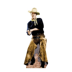 Découpes grandeur nature John Wayne - présentoir en carton édition Cowboy Chaps, découpe en carton pose de fusil western pour événements, légende des cow-boys grandeur nature