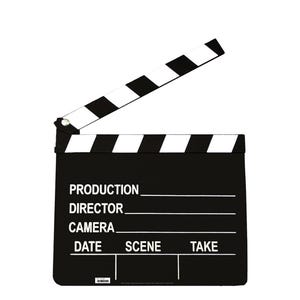 May include: A black and white film clapperboard with the top section open. The clapperboard features the words "PRODUCTION", "DIRECTOR", "CAMERA", "DATE", "SCENE", and "TAKE". The top section has black and white stripes.