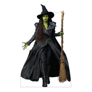 May include: A green-skinned figure wearing a black pointed hat, a long black textured coat, and black boots. The figure has long dark wavy hair and holds a tall, twisted brown wooden staff with a broom-like base in one hand.