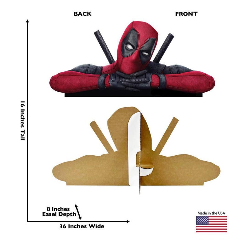 May include: A cardboard cutout of the character Deadpool, showing the front view with red and black suit and back view with a brown easel stand. The cutout is 40.64 cm tall, 91.44 cm wide, and has a 20.32 cm easel depth for support.
