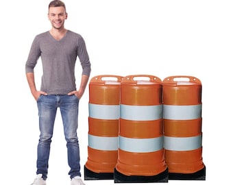 Set of 3 Construction Barrels Life-Size Cardboard Cutouts, Construction Party Decorations, Work Zone Standees, Kids Birthday or Event Props