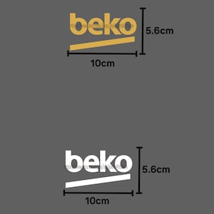 May include: Two "beko" brand logos, one gold and one white. Each logo features the brand name above a horizontal line. The gold logo is 10 cm wide and 5.6 cm tall. The white logo is the same size.