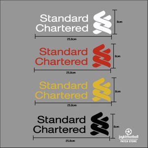 May include: Four iron-on patches featuring the Standard Chartered logo in white, red, yellow, and black. Each patch measures 25.8 cm wide and 8 cm high.