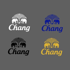 May include: Four variations of the Chang beer logo. The logo features two white elephants facing each other, with a palm tree in between. The text "Chang" is written in a stylized font below the elephants. The logos are in white, blue, black, and gold.