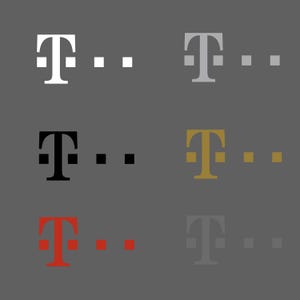 May include: A graphic design featuring the T-Mobile logo in six different colours: white, black, gold, red, grey, and light grey. The logo is a stylised letter "T" with two horizontal bars.