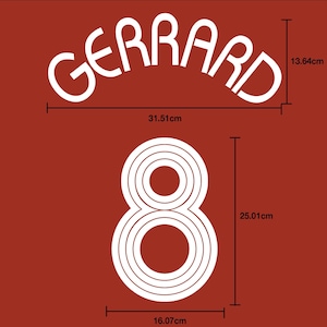 May include: White number 8 with multiple concentric circles, on a red background. The number is 25.01 cm tall and 16.07 cm wide. The text "GERARD" is above the number, in a white, curved font. The text is 13.64 cm tall and 31.51 cm wide.