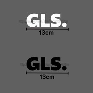May include: Two GLS decals, one white and one black, each with a 13cm measurement. The decals are on a gray background. The white decal has a website address above it.