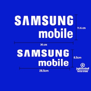 May include: White text on a blue background showing the words "SAMSUNG mobile" twice. The text is outlined in black. The image shows the dimensions of the text in centimetres.