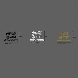 May include: Three versions of a logo design featuring the Coca-Cola logo, AT&T logo, and Banorte logo. The logos are in black, white, and gold on a gray background. Each logo is 14.7 cm tall and 22 cm wide.