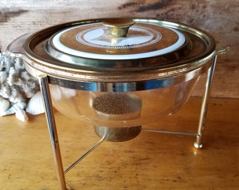 Vintage Georges Briard Fire King Covered Casserole Chafing Dish with Chafing Stand MCM design Sheaf of wheat