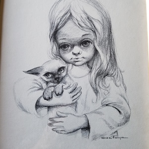Big Eyes Ozz Franca Vintage Sad Eyed Girl and Siamese Cat Print of &quot;LORRIE&quot;