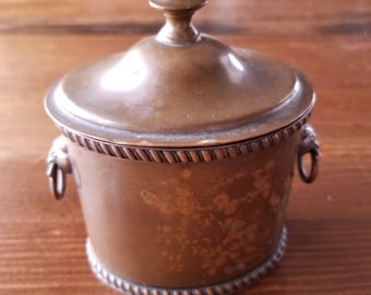 Vintage Aged Brass Small Oval Tobacco Container Lion Head Handles Rope design Tobacciana