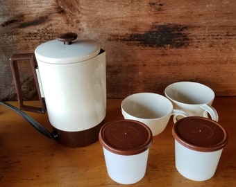 Vintage Travel Coffee Maker Empire Home n Away Percolator Black Carrying Case Coffee Cups Portable Coffee Pot RV Trailer