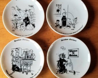 Vintage Brother Juniper Small Novelty plates Set of 4 Publishers Syndicate 1958 By The Shafford Co. 4 Inch Diameter