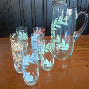 Vintage Pitcher and Glasses set Iced Tea or Lemonade Pastel colors Pink Seafoam Green Blue Tan Vine design Pitcher set 1970s
