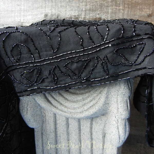 Vintage Hand Beaded Shawl Sheer Black Fabric flower motif with border