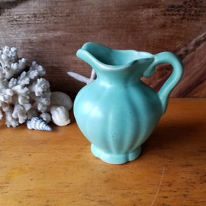 Vintage WELLER vase or pitcher Art Pottery Matte Seafoam BLUE Fluted oval body Circa 1930s-40s