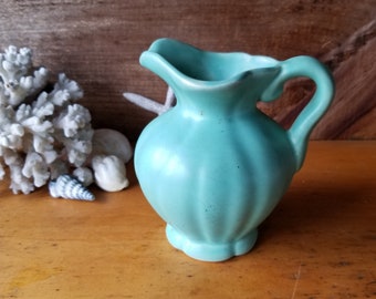 Vintage WELLER vase or pitcher Art Pottery Matte Seafoam BLUE Fluted oval body Circa 1930s-40s