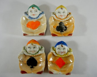 Vintage Gum Holders Clowns Spades Hearts Clubs Diamonds Made in Occupied Japan ceramic hand painted spoon rest chopstick holder Set of 4