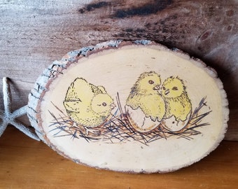 Vintage Pyrography Oval Plaque Chicks on a nest Newly Hatched Natural wood edge Burnt Wood design FOLK ART