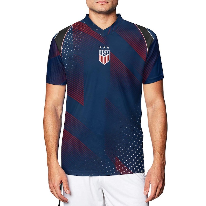Custom USA Soccer Jersey Navy Blue Red White, USA Inspired Football Shirt, Fan Made Soccer Kit, Retro World Cup Style Jersey image 2