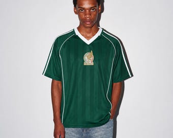 Camiseta retro de fútbol de México, camiseta estilo streetwear Y2K Blokecore, camiseta verde de fútbol con estética, camiseta de fanático del orgullo mexicano, camiseta deportiva de concepto vintage
